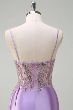 Sereia roxa brilhante Watteau Train Sheer Ruched Corset Long Prom Dress with Slit