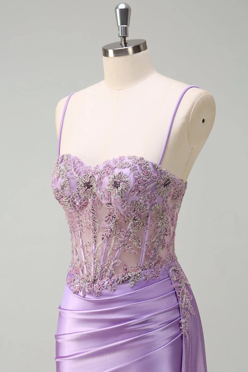 Sereia roxa brilhante Watteau Train Sheer Ruched Corset Long Prom Dress with Slit