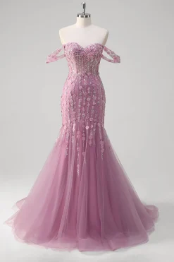 Sereia roxa cinza fora do ombro Appliqued Corset Long Prom Dress With Tulle