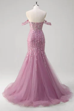 Sereia roxa cinza fora do ombro Appliqued Corset Long Prom Dress With Tulle