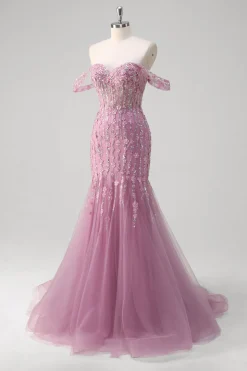 Sereia roxa cinza fora do ombro Appliqued Corset Long Prom Dress With Tulle