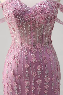 Sereia roxa cinza fora do ombro Appliqued Corset Long Prom Dress With Tulle