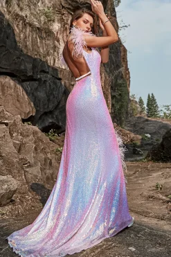 Sereia Roxo Lantejoulas Vestido de Festa Com Pena