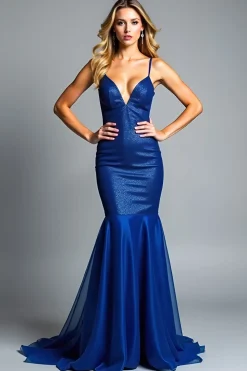 Sereia Royal Blue Spaghetti Correias Longo Vestido de Baile