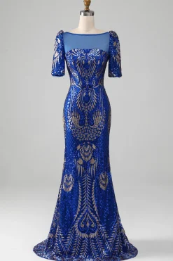 Sereia Royal Blue Sparkly Prom Vestido com mangas curtas