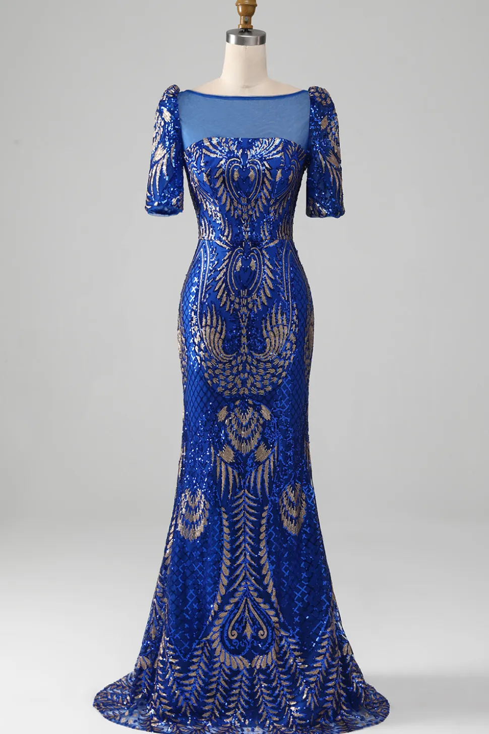 Sereia Royal Blue Sparkly Prom Vestido com mangas curtas
