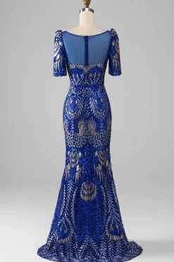Sereia Royal Blue Sparkly Prom Vestido com mangas curtas