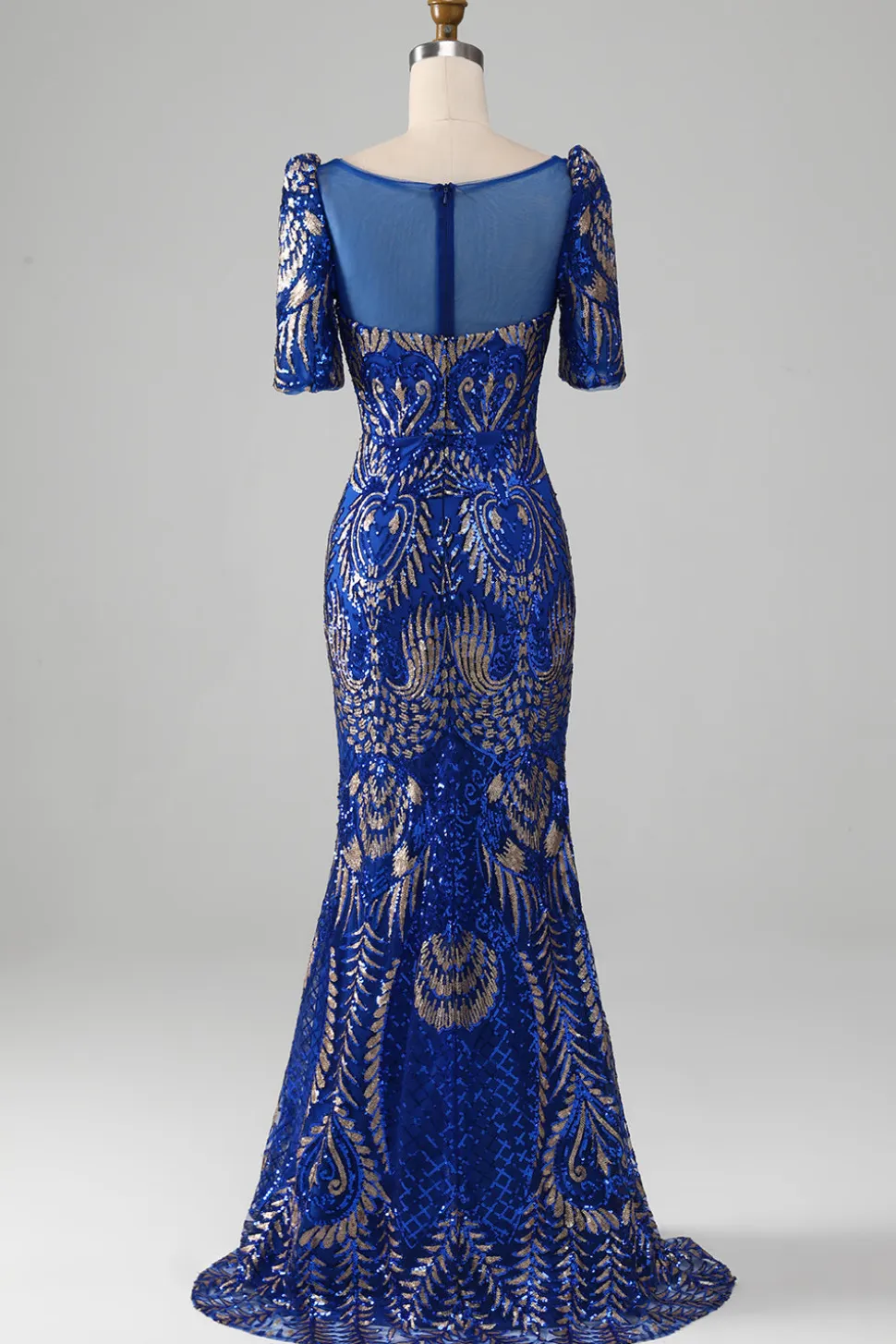 Sereia Royal Blue Sparkly Prom Vestido com mangas curtas