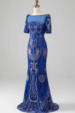 Sereia Royal Blue Sparkly Prom Vestido com mangas curtas