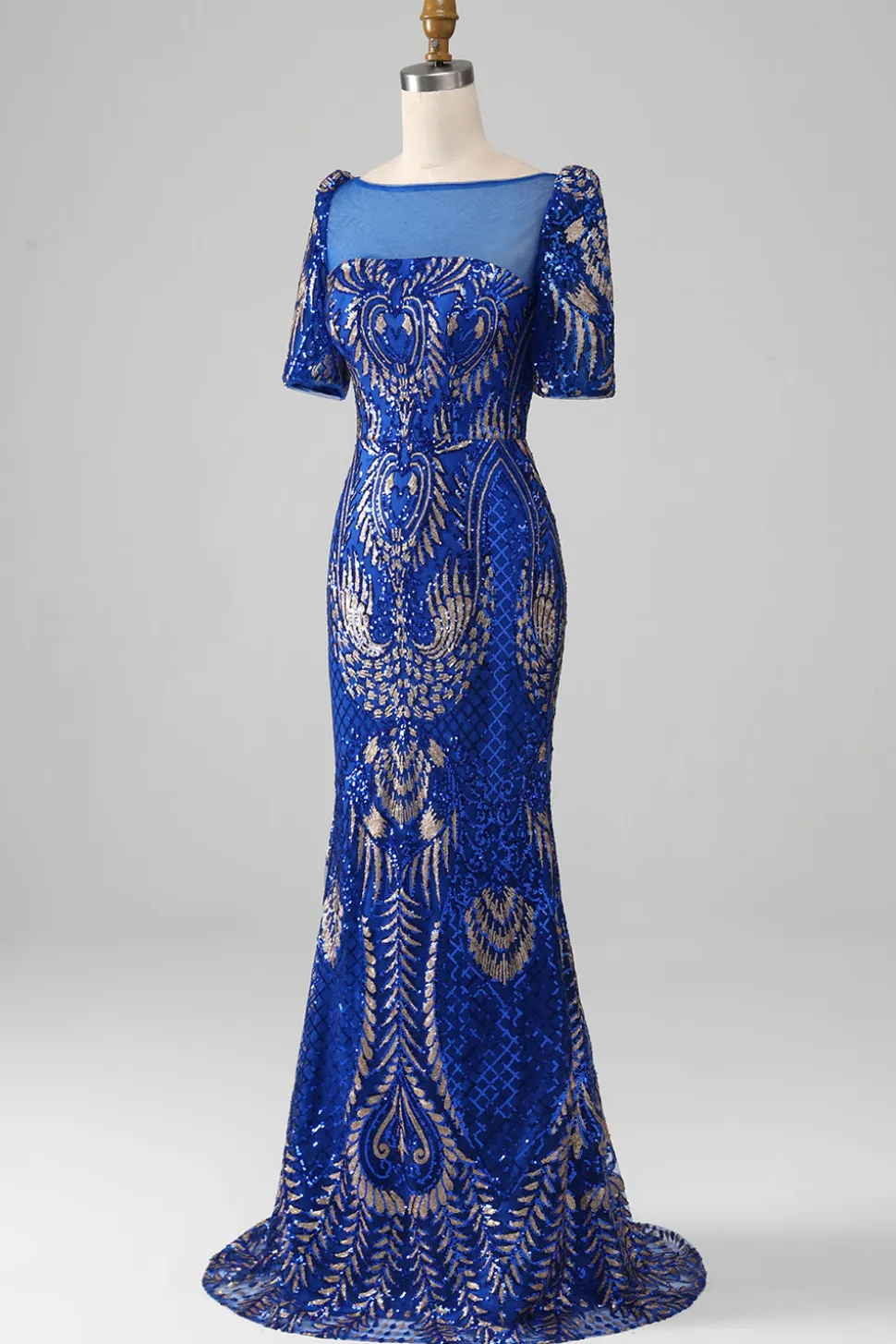 Sereia Royal Blue Sparkly Prom Vestido com mangas curtas