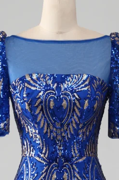 Sereia Royal Blue Sparkly Prom Vestido com mangas curtas