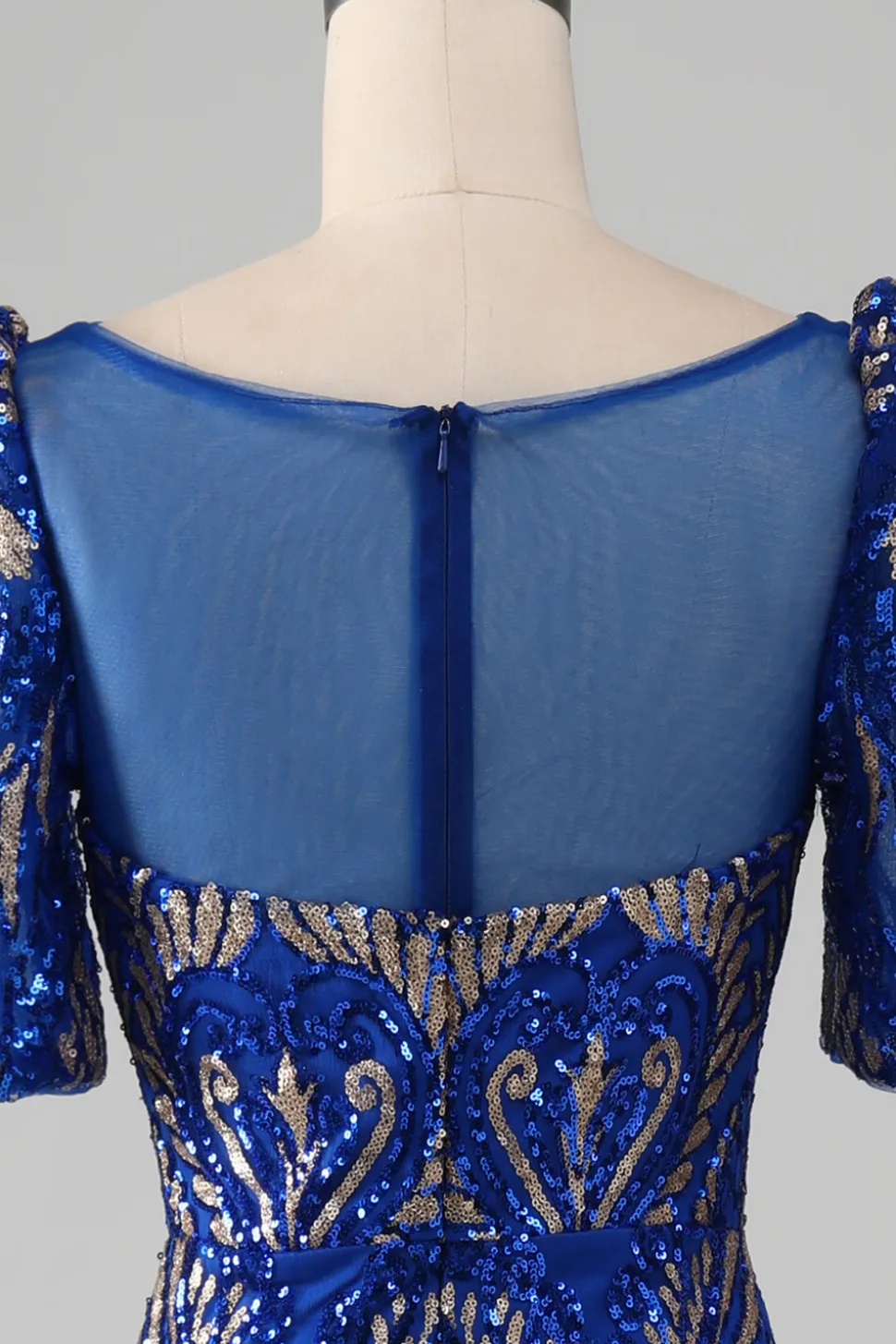 Sereia Royal Blue Sparkly Prom Vestido com mangas curtas