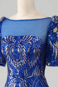 Sereia Royal Blue Sparkly Prom Vestido com mangas curtas