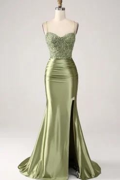 Sereia Sage Esparguete Alças Lace-up Back Prom Dress Com Fenda