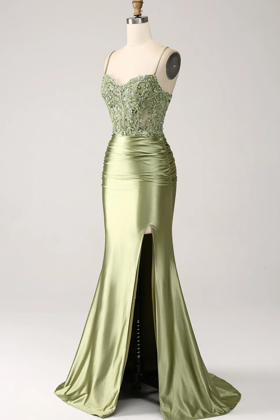 Sereia Sage Esparguete Alças Lace-up Back Prom Dress Com Fenda