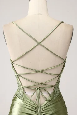 Sereia Sage Esparguete Alças Lace-up Back Prom Dress Com Fenda