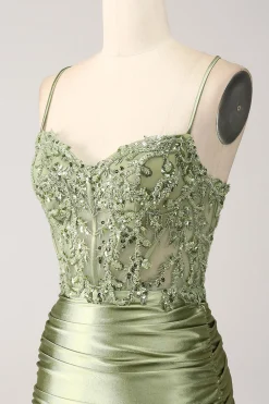 Sereia Sage Esparguete Alças Lace-up Back Prom Dress Com Fenda
