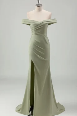 Sereia Sage Fora do Ombro Ruched Long Prom Dress com Fenda