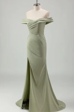 Sereia Sage Fora do Ombro Ruched Long Prom Dress com Fenda