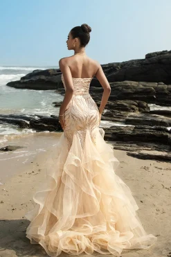 Sereia sem alças babado champanhe lantejoulas vestido de noite