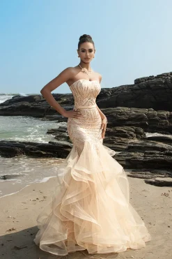 Sereia sem alças babado champanhe lantejoulas vestido de noite