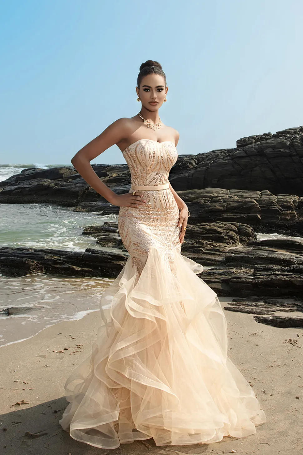 Sereia sem alças babado champanhe lantejoulas vestido de noite