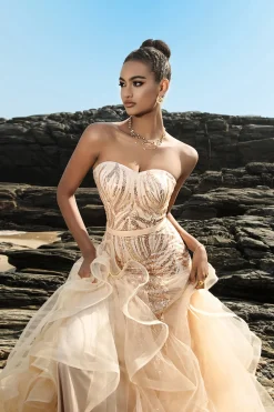 Sereia sem alças babado champanhe lantejoulas vestido de noite
