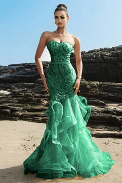 Sereia sem alças babado champanhe lantejoulas vestido de noite
