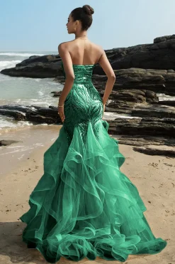Sereia sem alças babado champanhe lantejoulas vestido de noite