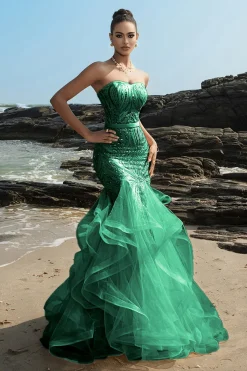 Sereia sem alças babado champanhe lantejoulas vestido de noite