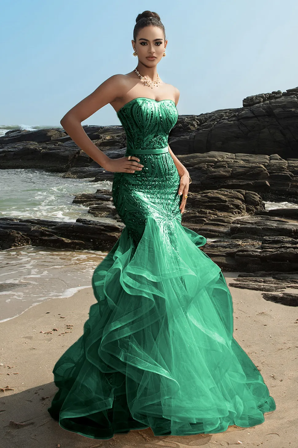 Sereia sem alças babado champanhe lantejoulas vestido de noite