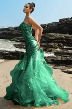 Sereia sem alças babado champanhe lantejoulas vestido de noite
