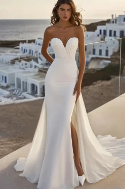 Sereia Sem Alças Marfim Chiffon Longo Vestido de Noiva com Fenda