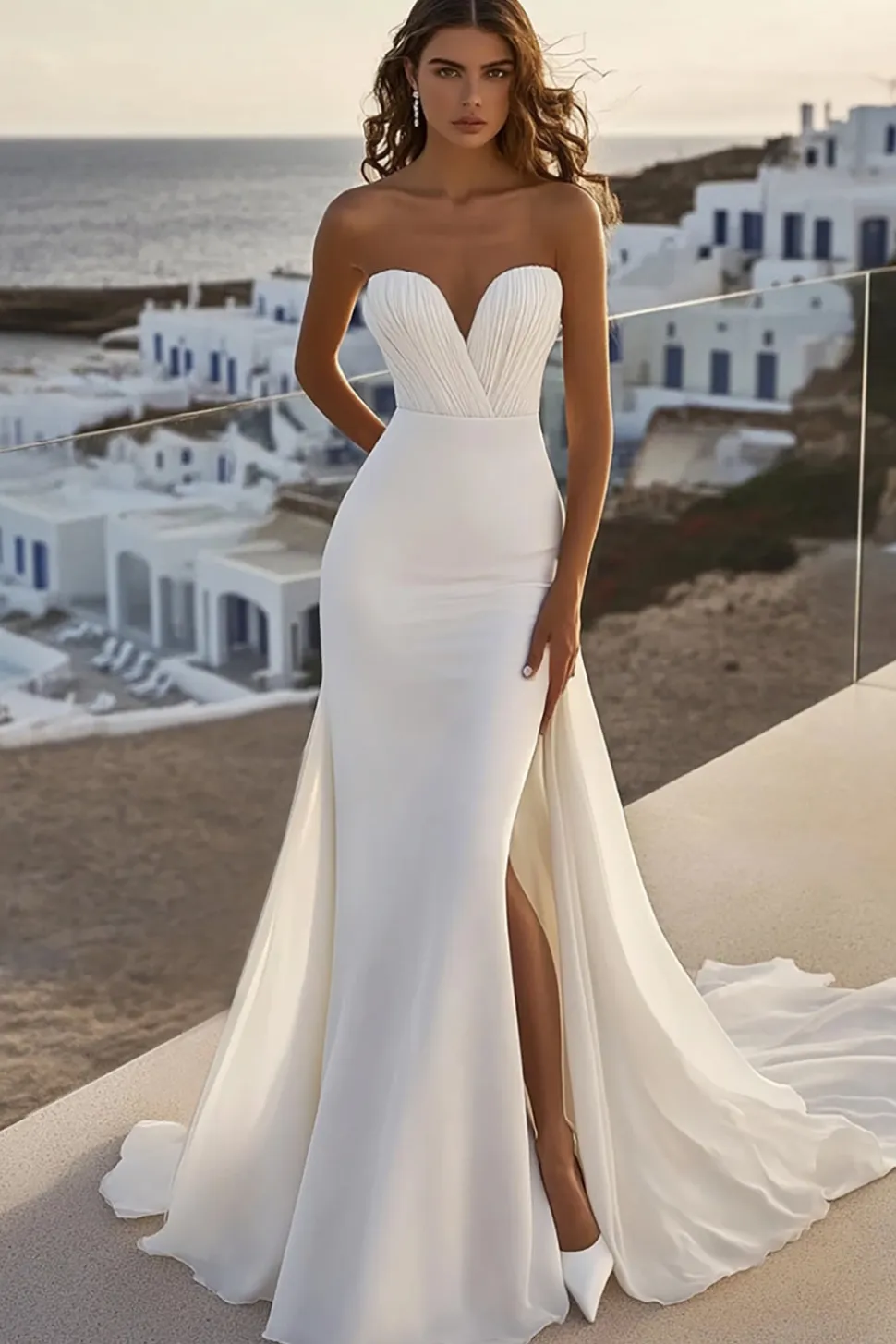 Sereia Sem Alças Marfim Chiffon Longo Vestido de Noiva com Fenda