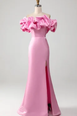 Sereia sem alças vestido de baile rosa com babados