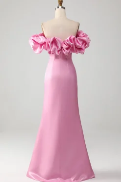 Sereia sem alças vestido de baile rosa com babados