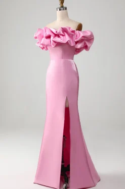 Sereia sem alças vestido de baile rosa com babados