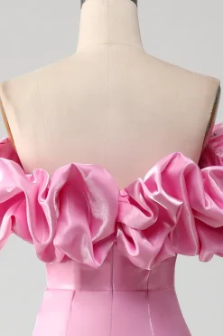 Sereia sem alças vestido de baile rosa com babados
