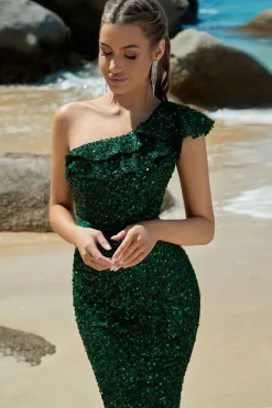 Sereia Sequins Um Ombro Verde Escuro Vestido de Baile