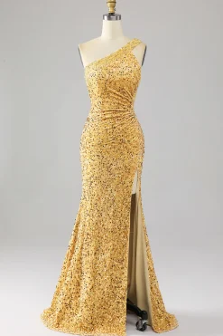 Sereia Sequins Um Ombro Vestido de Baile de Formatura Dourado com Fenda