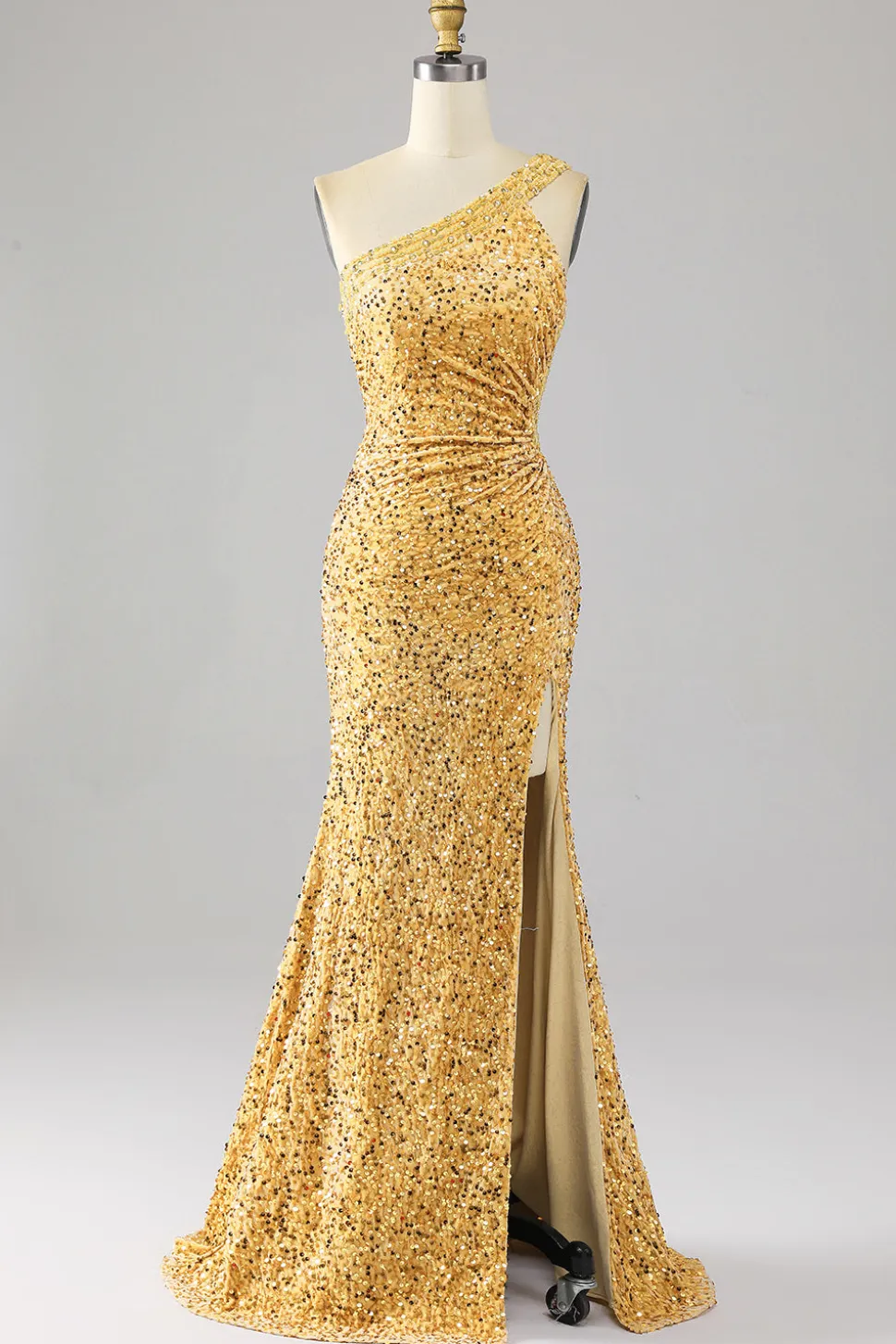 Sereia Sequins Um Ombro Vestido de Baile de Formatura Dourado com Fenda