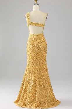 Sereia Sequins Um Ombro Vestido de Baile de Formatura Dourado com Fenda