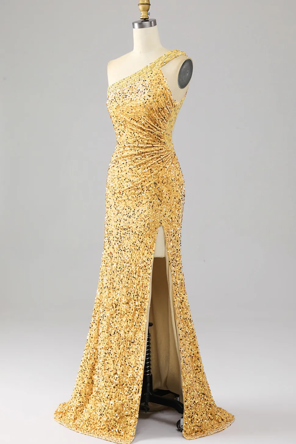 Sereia Sequins Um Ombro Vestido de Baile de Formatura Dourado com Fenda