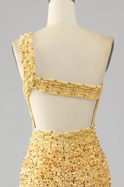 Sereia Sequins Um Ombro Vestido de Baile de Formatura Dourado com Fenda