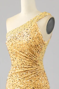 Sereia Sequins Um Ombro Vestido de Baile de Formatura Dourado com Fenda