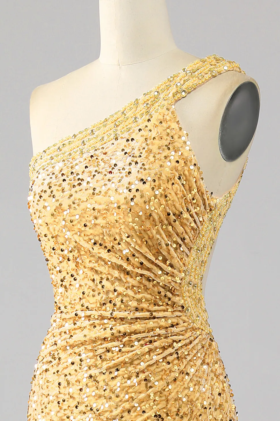 Sereia Sequins Um Ombro Vestido de Baile de Formatura Dourado com Fenda
