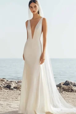 Sereia simples lvory espaguete alças vestido de noiva longo