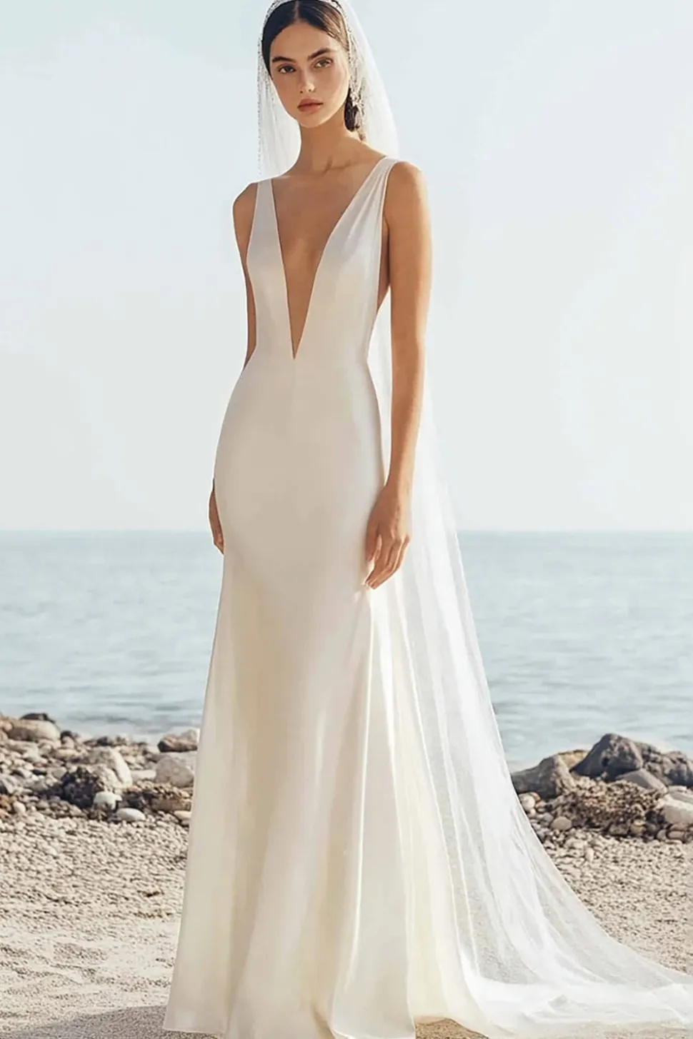 Sereia simples lvory espaguete alças vestido de noiva longo