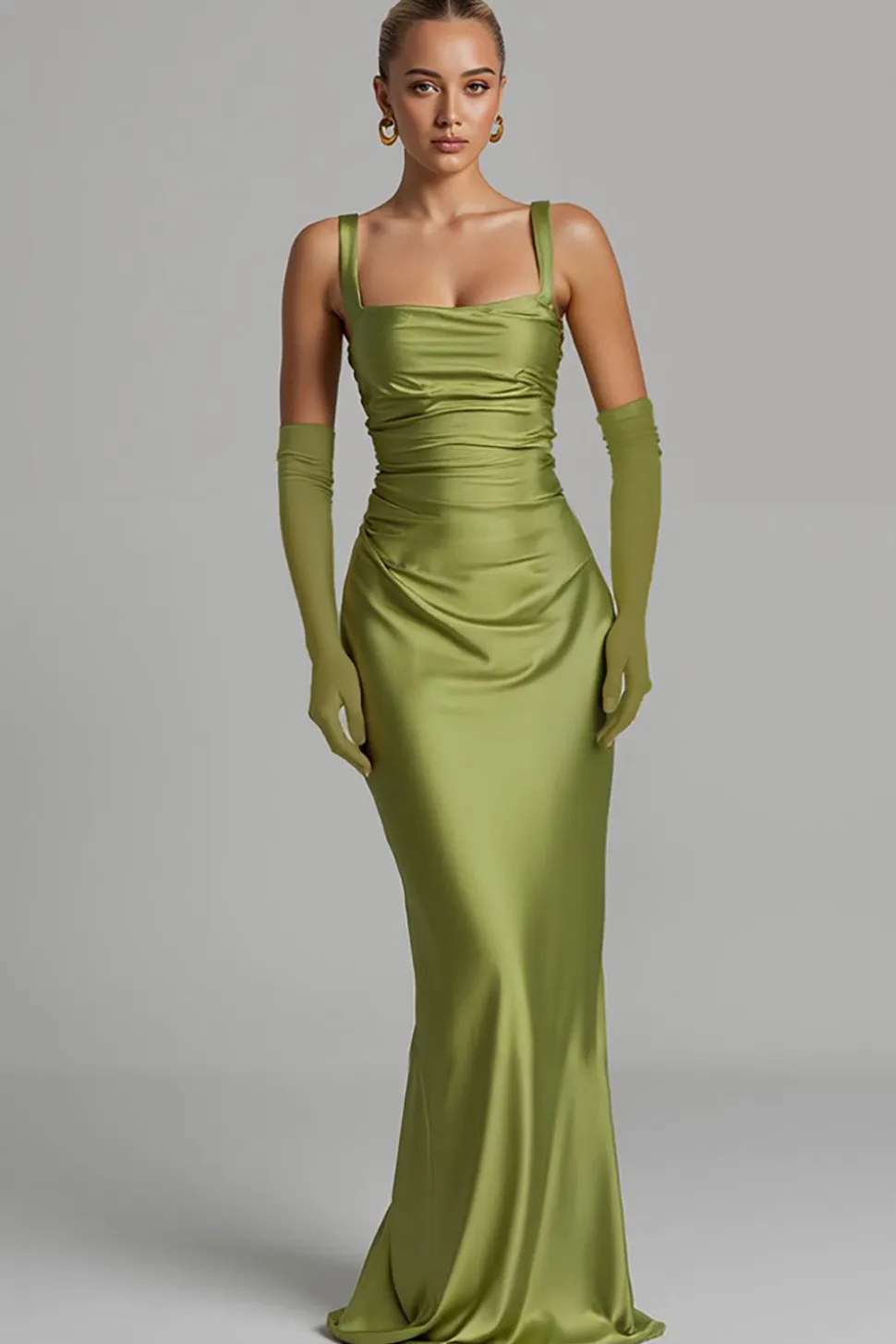 Sereia Sálvia Verde Cetim Ruched Vestido de Noite