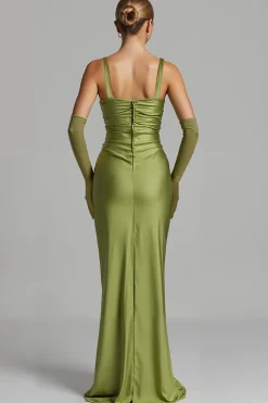 Sereia Sálvia Verde Cetim Ruched Vestido de Noite
